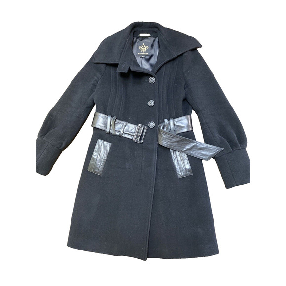 Mackage Mixed Media Coat Leather Trim Belt Asymmetrical Closure Wool Cashmere~ M - Picture 2 of 5